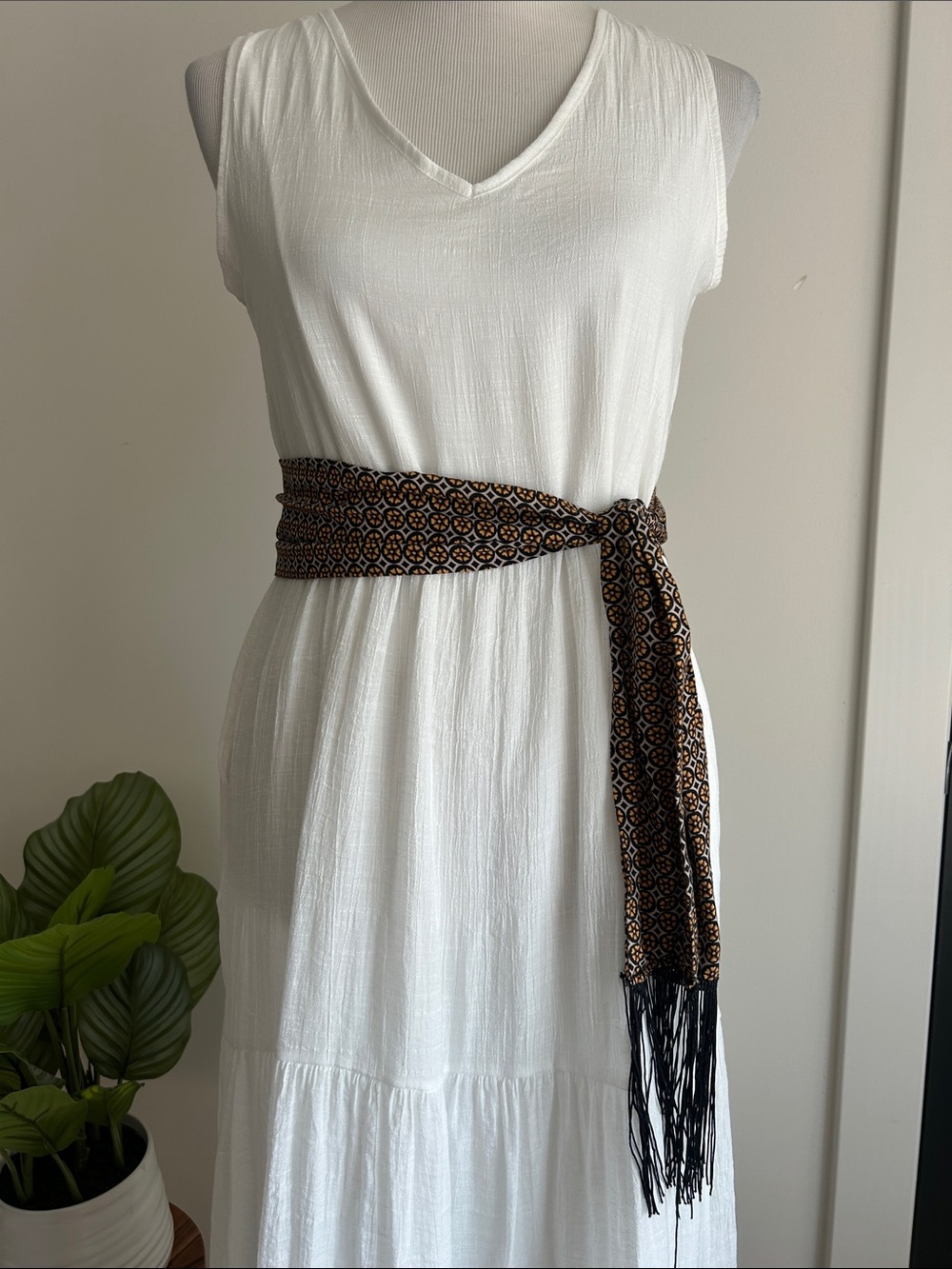 70s vibe Boho 54" knit black tan gold Patterned Tie Belt sash with fringe